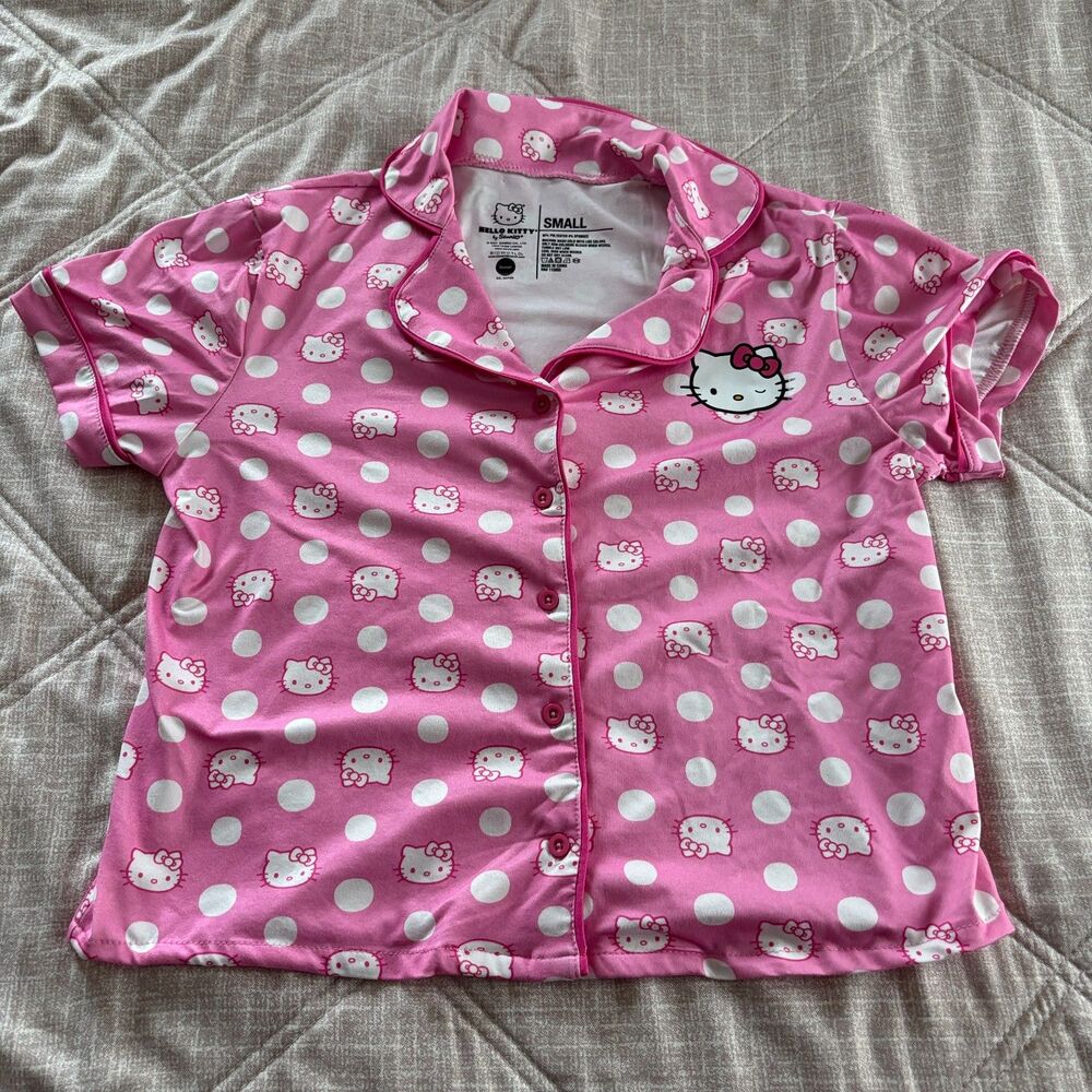 Hello Kitty Sanrio Pink Polka Dot Short Sleeve Button Down Pajama Set Small